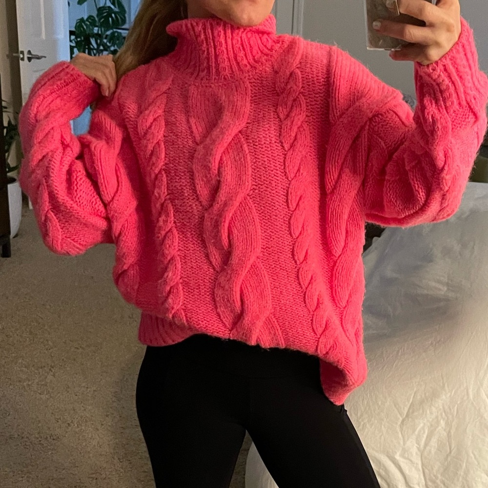Hot Pink Anthropologie Mock Neck Cable-Knit Sweater